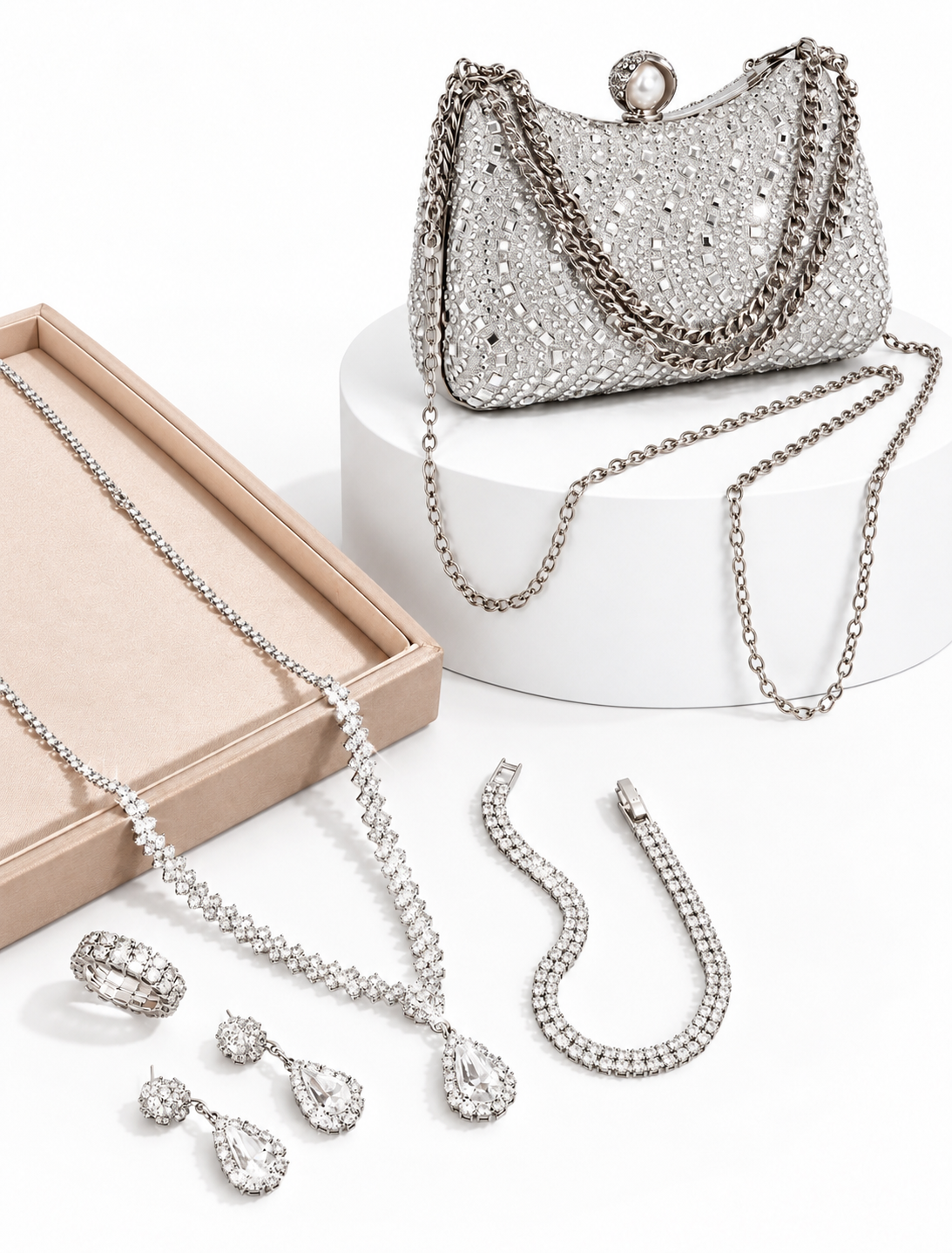 5pcs Combo: Signature Jewelry & Sparkling Rhinestone Handbag Set For High Class Women!
