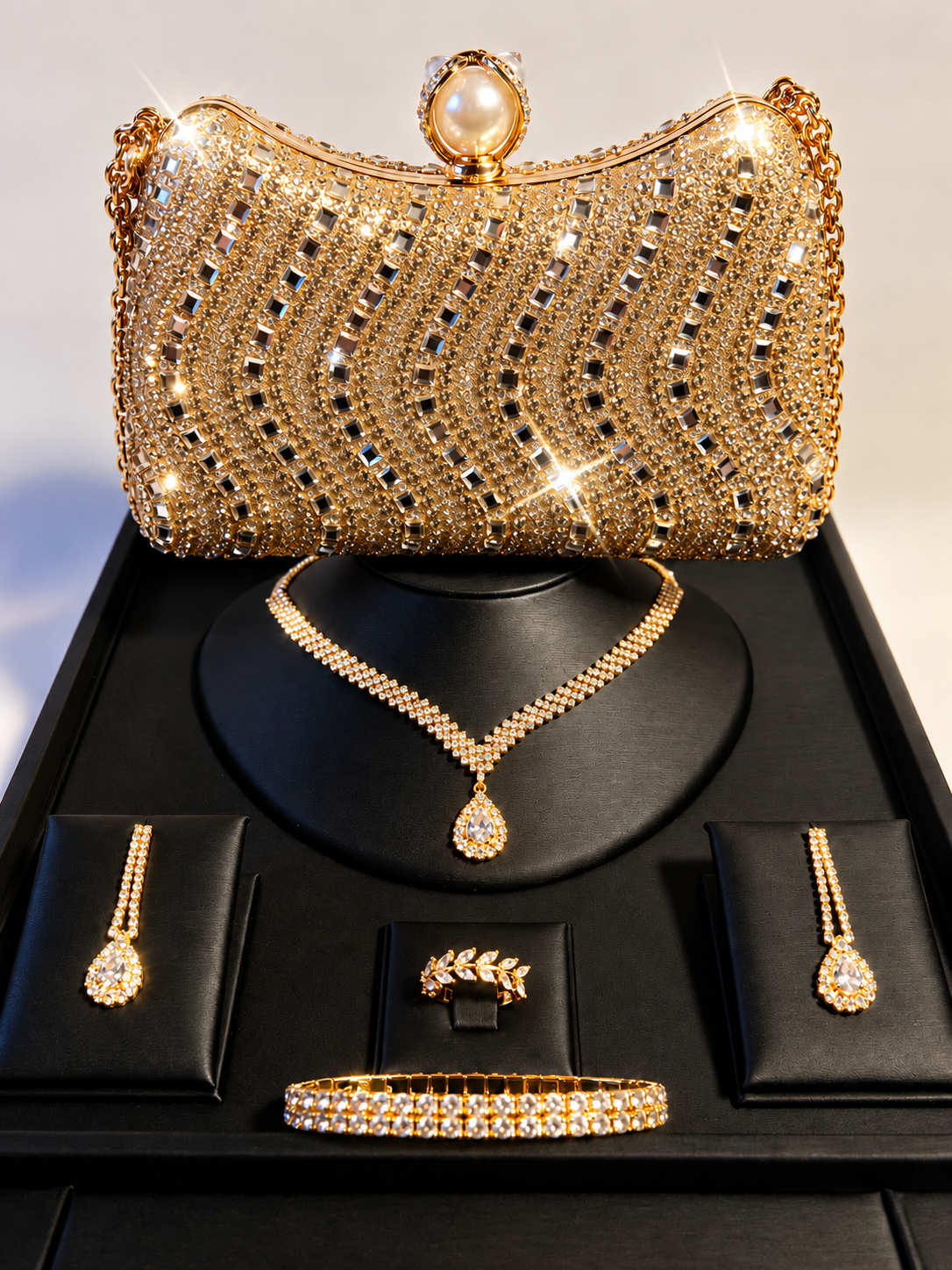 5pcs Combo: Signature Jewelry & Sparkling Rhinestone Handbag Set For High Class Women!