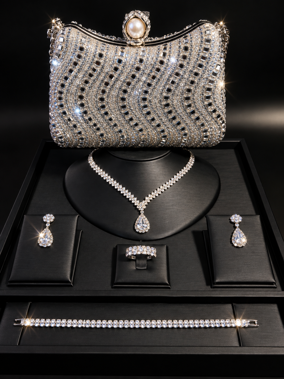 5pcs Combo: Signature Jewelry & Sparkling Rhinestone Handbag Set For High Class Women!