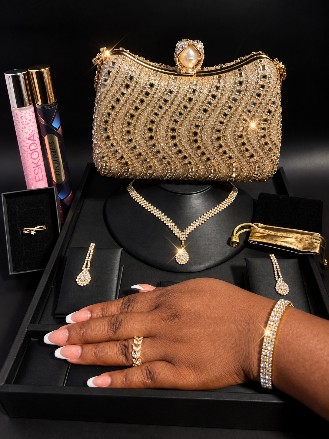 5pcs Combo: Signature Jewelry & Sparkling Rhinestone Handbag Set For High Class Women!
