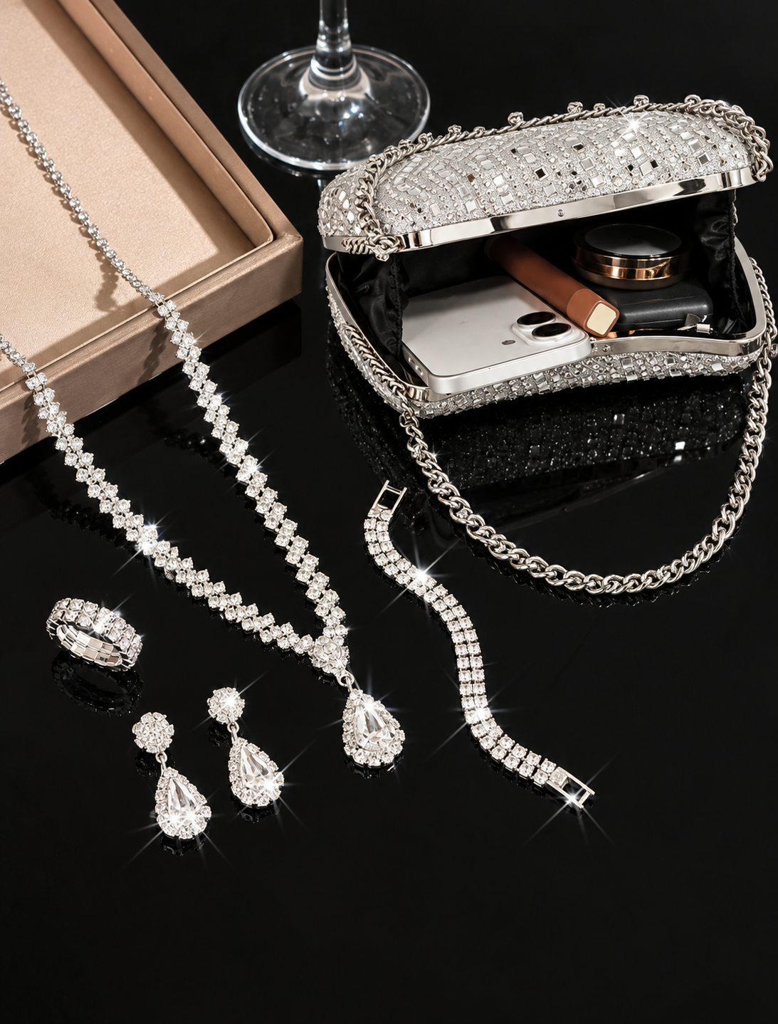 5pcs Combo: Signature Jewelry & Sparkling Rhinestone Handbag Set For High Class Women!